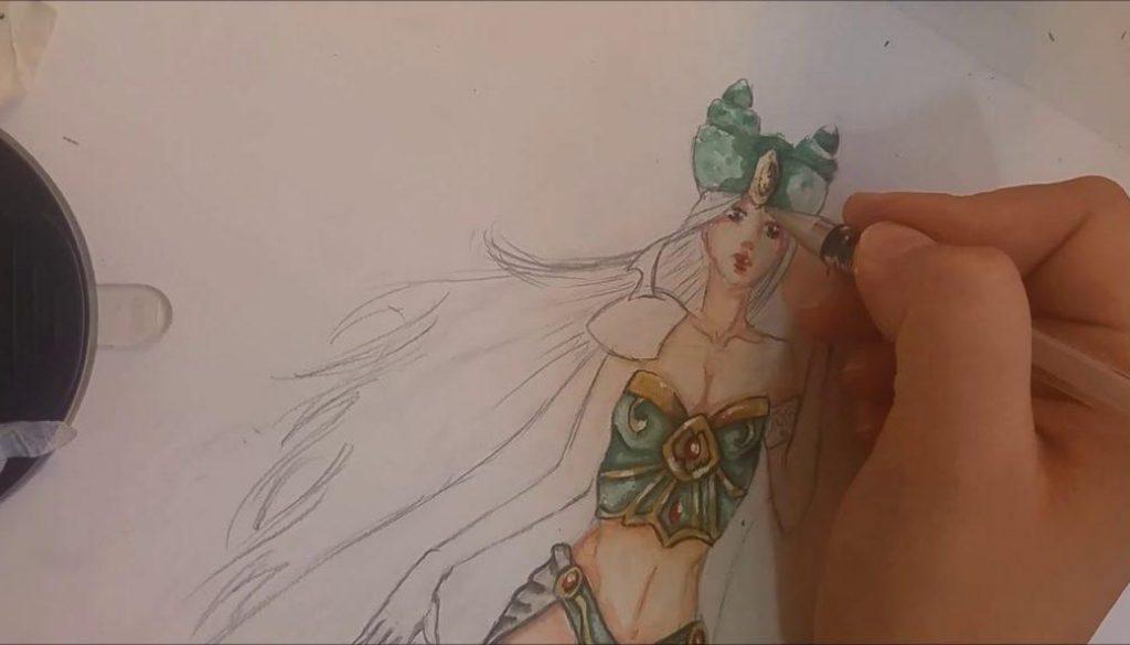 Fashion drawing inspired by Cosplay and anime – high speed painting (water color)